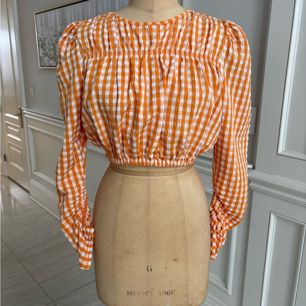 Zara Orange and White Gingham Blouse